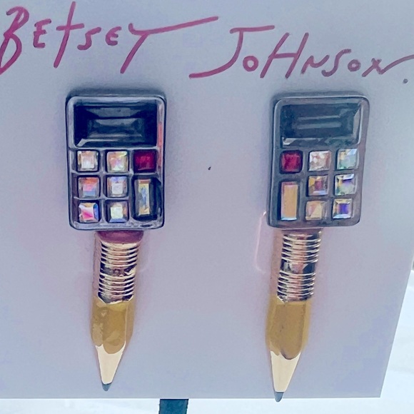 New Betsey Johnson  Pencil & Calculator Stud Earring Set Crystal - Picture 5 of 10